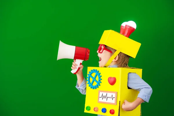 Happy Child Robot Speaking Loudspeaker Funny Kid Have Idea Boy — Stock Photo, Image