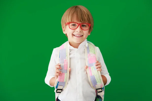 Αστείος Μαθητής Σακίδιο Στην Τάξη Ευτυχισμένο Παιδί Εναντίον Πράσινου Πίνακα — Φωτογραφία Αρχείου