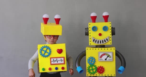 Happy Child Wearing Toy Robot Funny Kid Playing Home Success — Wideo stockowe