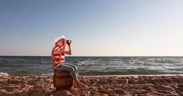 Happy Child Pretend Sailor Kid Having Fun Beach Boy Looking — Vídeo de Stock