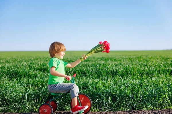 Glad Barncykel Utomhus Våren Grönt Fält Grabben Håller Blommor Mot — Stockfoto