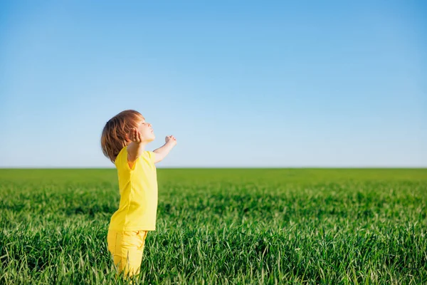 Счастливый Ребенок Играющий Свежем Воздухе Весеннем Зеленом Поле Улыбающийся Ребенок — стоковое фото