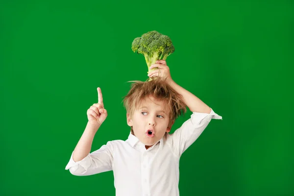 Nápad Překvapené Dítě Třídě Vtipné Dítě Držící Brokolici Jako Žárovku — Stock fotografie