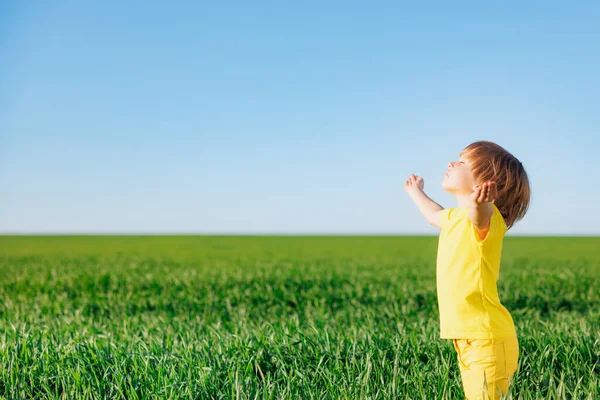 Baharda Yeşil Alanda Oynayan Mutlu Çocuk Gülümseyen Çocuk Mavi Gökyüzü — Stok fotoğraf