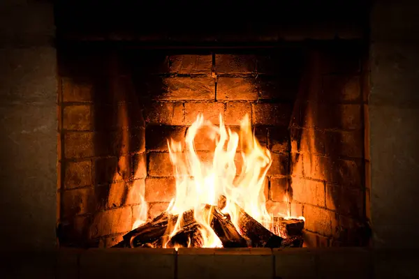 Burning Wood Fireplace Winter Holidays Christmas New Years Concept Stock Photo