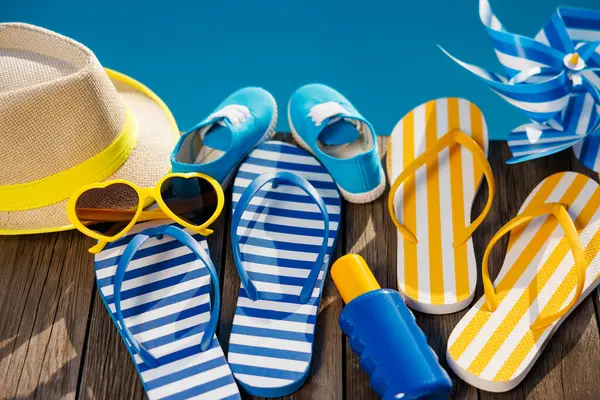 Beach Flip Flops Sunglasses Wooden Background Things Vacation Blue Water Stock Photo