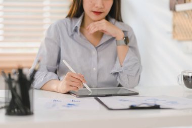Bin yıllık bir iş kadını finansal rapor evrak işleriyle uğraşıyor, finansal danışmanlık, takım çalışması ve muhasebe kavramını betimliyor.