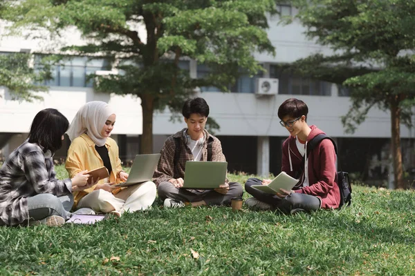 Een Multi Etnische Groep Aziatische Universiteitsstudenten Studeert Samen Het Gras — Stockfoto