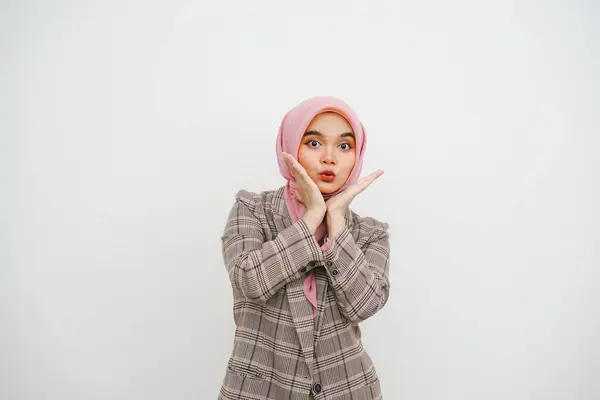 Image Excited Young Muslim Businesswoman Pink Hijab Standing Isolated White — Stock Photo, Image