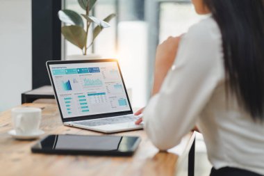 Veri iş analizi ve Veri Yönetimi Sistemi için bilgisayar monitöründe veri görselleştirmeleri kullanan profesyonel veri analisti