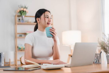 Genç bir kadın rahat bir ofiste dizüstü bilgisayarı üzerinde çalışırken sıcak içecekten zevk alır. Sakin atmosfer odaklanmasını ve yaratıcılığını arttırır..