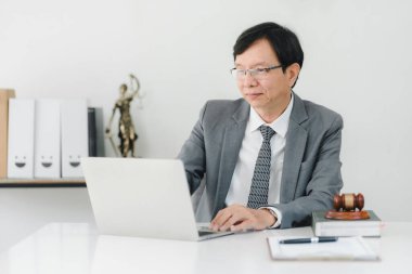 Modern ofis ortamında dizüstü bilgisayarda etkili bir avukat çalışıyor..