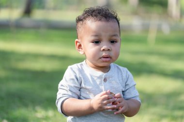 Cute little kid boy playing outdoors in the garden, Child boy walking in the park