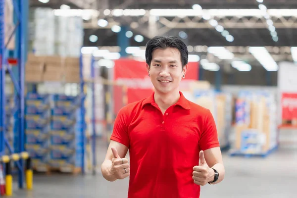 Cheerful Man Smiling Giving Thumbs Warehouse Worker Working Factory Warehouse — Stock Photo, Image