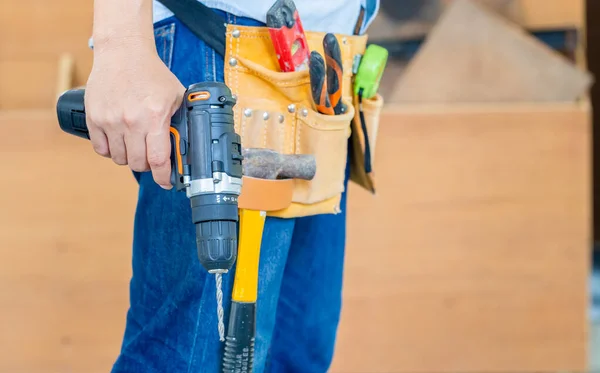Handyman Manual Worker Tools Belt Holding Drill His Hands Carpenter — Stock Photo, Image