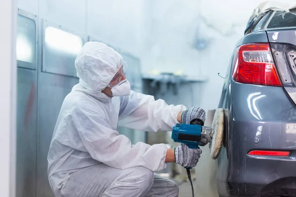 Mechanic Man Works Grinding Tool Sanding Car Elements Garage Painting — Stock Photo, Image
