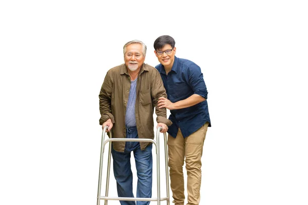Senior Aziatische Vader Middelbare Leeftijd Zoon Met Clipping Pad Caregiver — Stockfoto