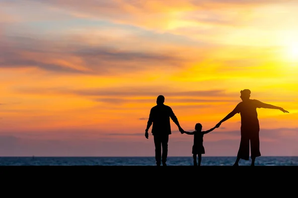 Silhouette Der Familie Händchen Haltend Sonnenuntergang Strand Genießend Mutter Vater — Stockfoto