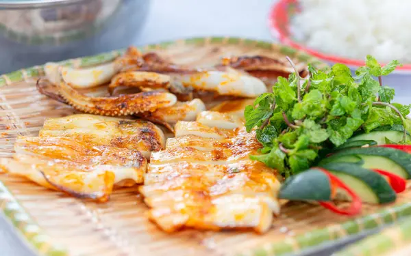 Grilled squid Vietnam food style, Grilled octopus with herbs and spices