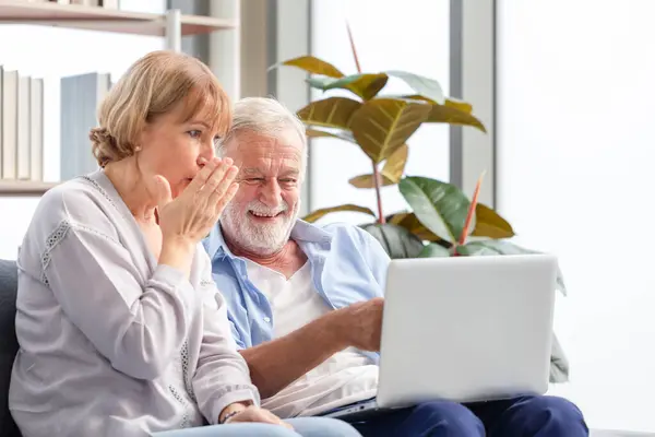 Glückliche Ältere Mann Und Eine Frau Mit Einem Computer Laptop Stockfoto