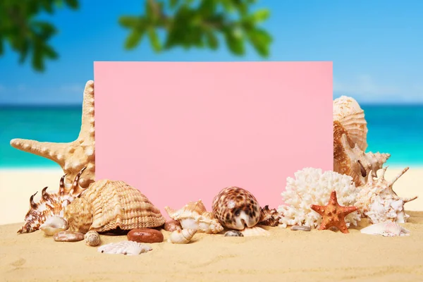 Blankopapier Mit Muscheln Und Seesternen Sandstrand Vor Dem Hintergrund Des — Stockfoto