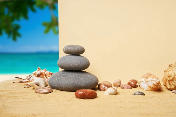 Invitation Greeting Card Mockup Seashells Pyramid Stones Summer Sandy Beach — Stock Photo, Image