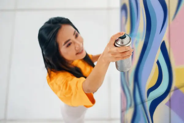 Mujer Sonriente Artista Callejera Pintando Coloridos Graffiti Pared Arte Moderno Imagen De Stock