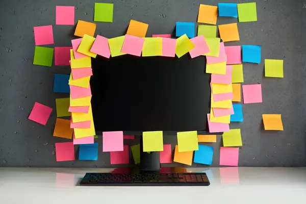 Computer Monitor Full Blank Colorful Sticky Notes Reminders Workplace Plan Stock Image