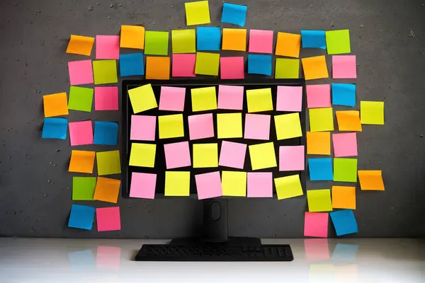 Computer Monitor Full Blank Colorful Sticky Notes Reminders Office Workplace Royalty Free Stock Images