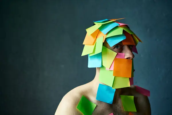 Close Portrait Man Covered Colorfull Sticky Notes All His Face — Stok Foto