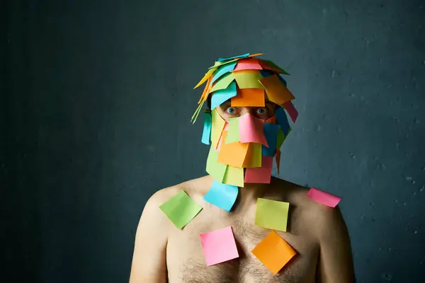 Shocked Amazed Man Colorful Sticky Notes All His Face Body — стоковое фото