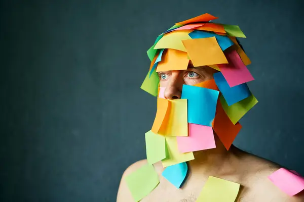 Close Portrait Man Covered Colorful Sticky Notes All His Face Stock Picture