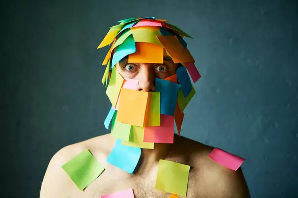 Shocked Amazed Man Colorful Sticky Notes All His Face Body Stock Photo
