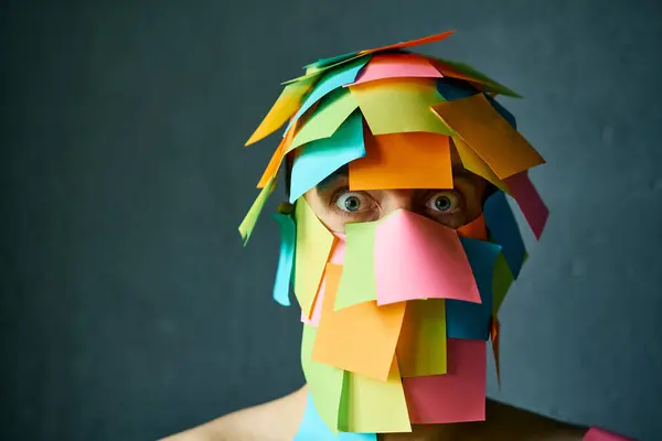 Close Portrait Shocked Man Colorful Sticky Notes All His Face Royalty Free Stock Images