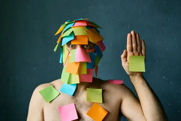Funny Man Colorful Sticky Notes All His Face Body Show Royalty Free Stock Images