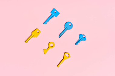 Pembe arka planda çeşitli renkli anahtarlar. Düz yatıyordu