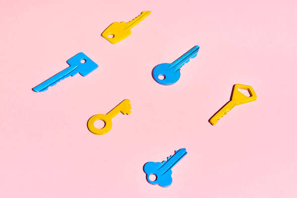 Various Colorful Keys Pink Background Flat Lay Stock Image