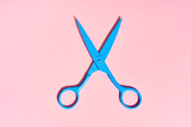 Pembe arka planda parlak mavi makas. Düz yatıyordu