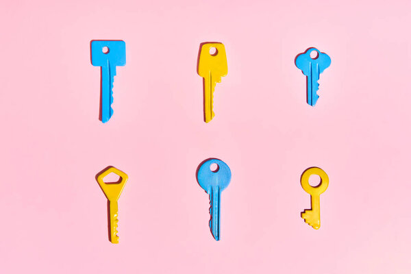 Various Colorful Keys Pink Background Flat Lay Stock Image