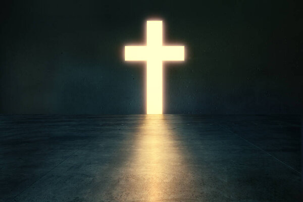 Glowing Christian Cross Shaped Hole Dark Empty Room Faith Religion Stock Photo