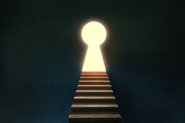 Stairs Glowing Entrance Keyhole Shape Dark Room Copy Space Royalty Free Stock Photos