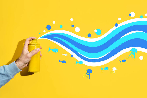 Graffiti Painter Balloon Paint His Hands Draws Ocean Wave Small Stock Photo