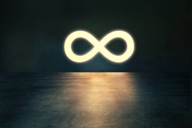 Karanlık boş odada parlayan sonsuzluk sembolü