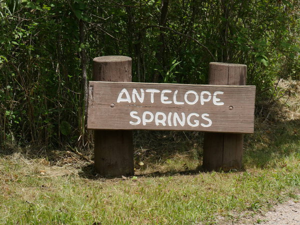 Wooden sign of Antelope Springs at Chickasaw National Recreation Area, Sulfur, Oklahoma.