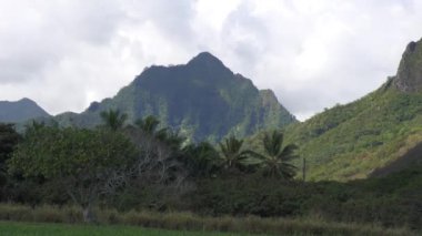 Kualoa Range, Hawaii 'nin görkemli dağlarının el kamerası görüntüleri.