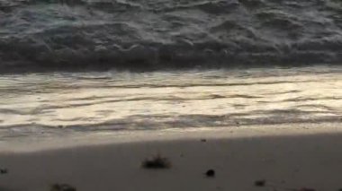 Alacakaranlıktaki yumuşak kumlu sahilde dalgaların kırılma görüntülerini kapat.