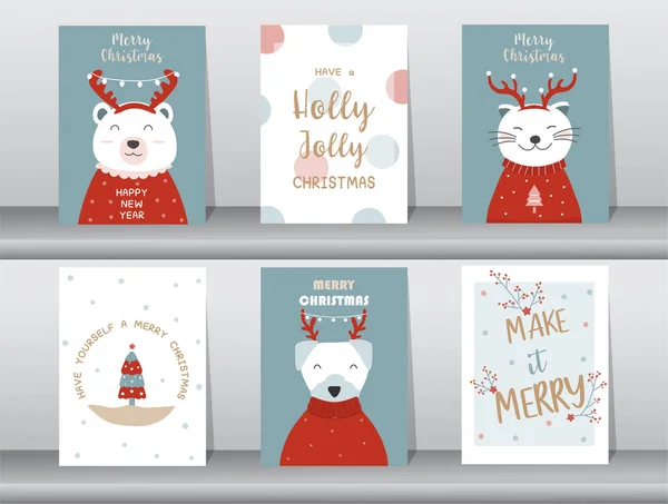 一套可爱的快乐圣诞背景与可爱的动物 可爱的卡通背景与假日符号 矢量插图 — 图库矢量图片