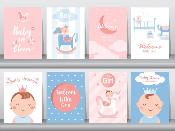 Κάρτες Προσκλήσεων Ντους Μωρών Αγόρι Και Κορίτσι Μωρών Χαριτωμένο Σχέδιο — Διανυσματικό Αρχείο