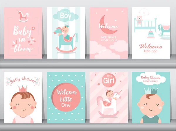 Baby Душ Пригласительные Билеты Младенцами Мальчик Девочка Милый Дизайн Плакат — стоковый вектор