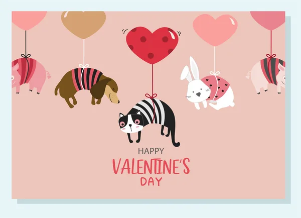 Cute Animal Valentine Day Balloon February Design Cute Animal Love — Stock Vector